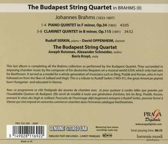 Quintetto per clarinetto op.115 - Quintetto per pianoforte op.34 - CD Audio di Johannes Brahms,Rudolf Serkin,Budapest String Quartet,David Oppenheim - 2