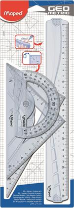 Kit disegno 4 pezzi (riga Geometric 30 cm, squadra 21 cm - 45° + squadra 21 cm - 60°, goniometro 12 cm 180°)