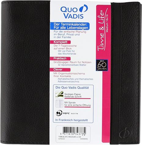 Agenda settimanale 2026, Quo Vadis, 13 mesi, Time&Life MEDIUM, con rubrica, multingue, nero, con elastico - 16 x 16 cm  - 4
