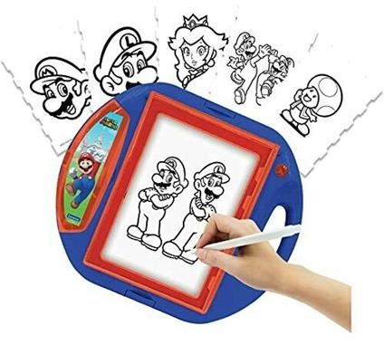 Lexibook- Super Mario Proiettore da Disegno, 4 timbri, 10 Modelli, Schermo Luminoso, 1 Penna Inclusa, Rosso/Blu