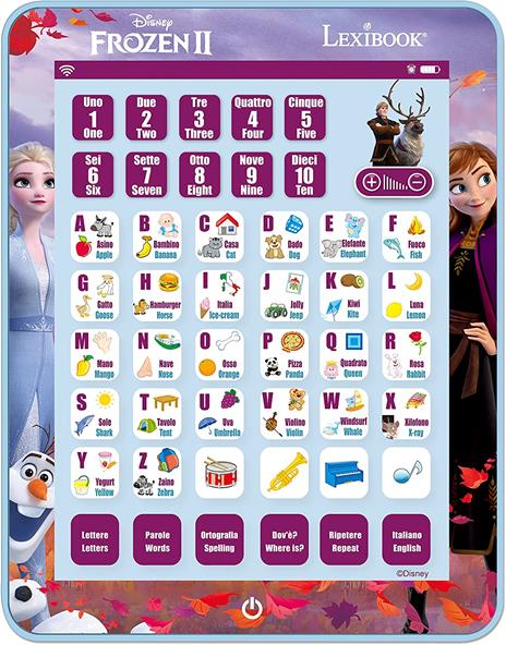 Lexibook Touchscreen ed Effetti sonori Frozen, Tablet bilingue per Imparare Lettere, Numeri, vocabolario e Musica, Lingue Italiano/Inglese, Blue