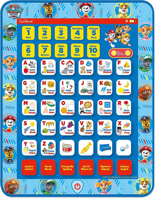 Lexibook Touchscreen ed Effetti sonori Paw Patrol, Tablet bilingue per Imparare Lettere, Numeri, vocabolario e Musica, Lingue Italiano/Inglese, Blue - 6