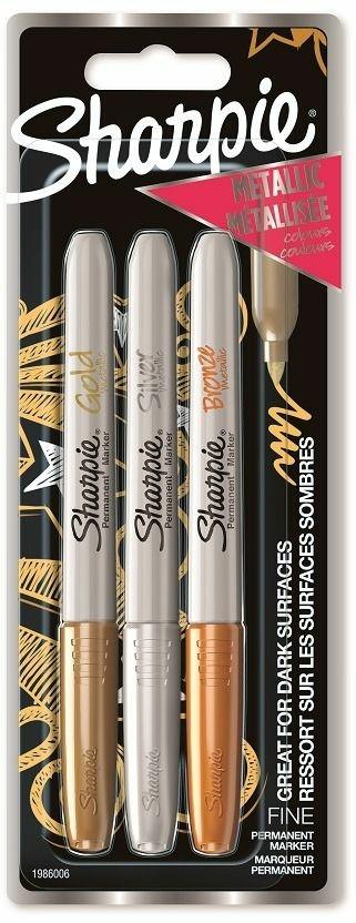 Pennarello indelebile Sharpie Metallic Colori Assortiti Oro, Argento, Bronzo - Blister da 3