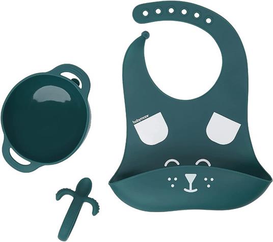 Set pappa Bavaglino Piatto e Cucchiaino 6-12 mesi 3 pezzi Fantasia Cane Blu