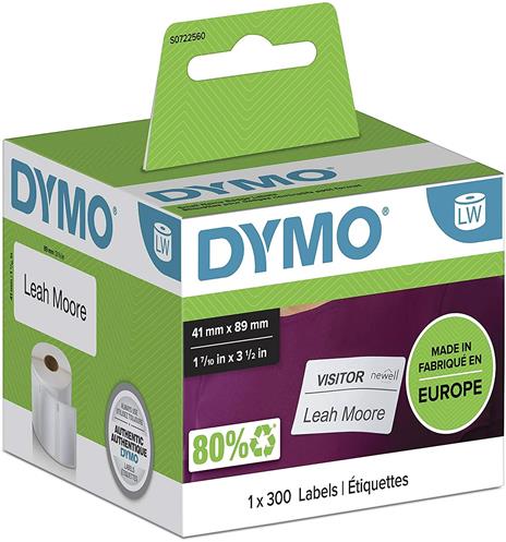 DYMO LW etichette per badge piccole, 41 mm x 89 mm, rotolo da 300 etichette facilmente staccabili, autoadesive, per etichettatrici LabelWriter, originali