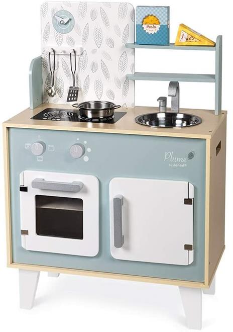Janod, Cucina Giocattolo Plume, Mini Cucina per Bambini, in Legno, con Forno, Lavello Inox, Armadietto, Pulsanti e Orologio, Cucina, in Legno, con 5 Accessori, Da 3 a 8 Anni, J06608 - 2