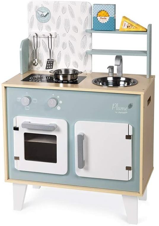 Janod, Cucina Giocattolo Plume, Mini Cucina per Bambini, in Legno, con Forno, Lavello Inox, Armadietto, Pulsanti e Orologio, Cucina, in Legno, con 5 Accessori, Da 3 a 8 Anni, J06608 - 2