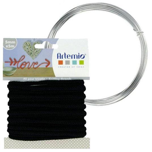 Filato per maglieria nero 5 mm x 5 m + filo di alluminio