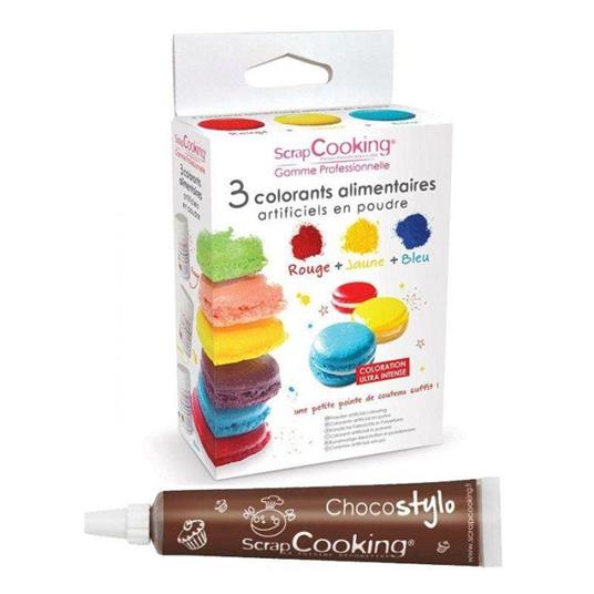 3 coloranti alimentari in polvere giallo-rosso-blu + penna alimentare al  cioccolato - ScrapCooking - Idee regalo