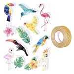 12 adesivi 3D Uccelli tropicali 6 cm + washi tape dorato 5 m