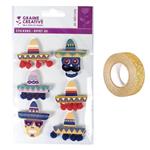 6 adesivi 3D Cappelli messicani Sombrero 5,5 cm + washi tape dorato 5 m
