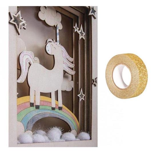 Cornice decorativa in legno con modello 3D 20 x 30 x 6,5 cm Unicorno + washi tape dorato 5 m - 2