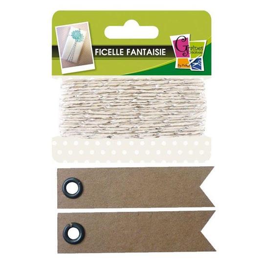Spago bianco-argento - 10 m + 20 etichette kraft con gagliardetto