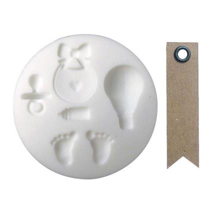 Mini stampo in silicone per pasta FIMO - Nascita + 20 etichette kraft con gagliardetto