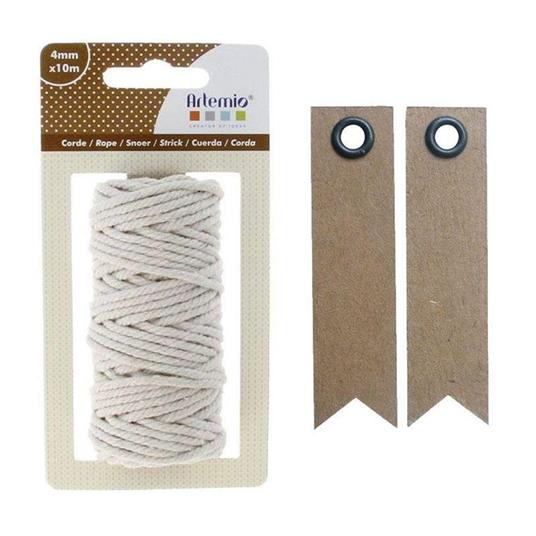 Filato di cotone per macrame 10 m- Beige + 20 etichette kraft con gagliardetto