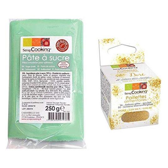 pasta di zucchero verde pastello 250 g + Glitter alimentare oro -  ScrapCooking - Idee regalo