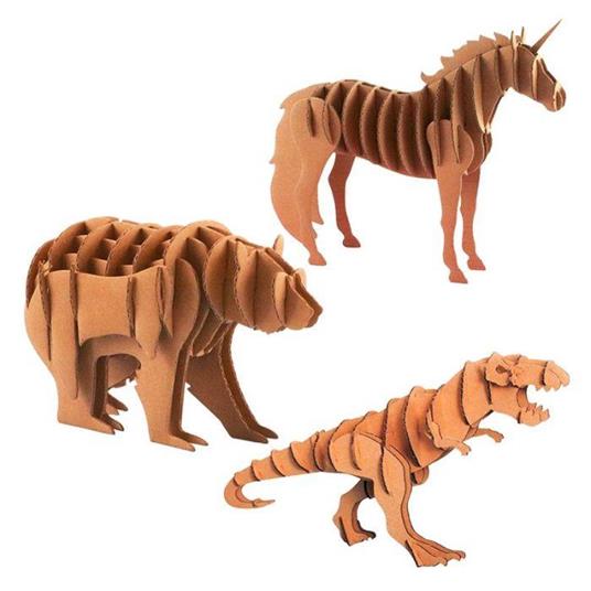 3 modelli da assemblare in cartone: tirannosauro, unicorno, orso
