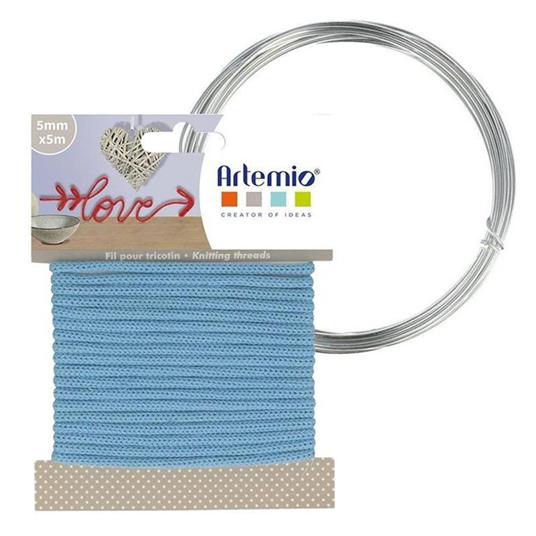 Filato per maglieria celeste 5 mm x 5 m + filo di alluminio