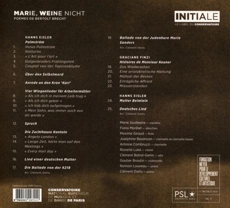 Marie Weine Nicht. Eisler Brecht Finzi - CD Audio di Marie Soubestre - 2