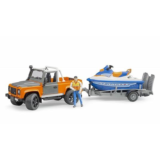 Bruder 02599 Land Rover Defender Pick Up Con Rimorchio E Moto D'Acqua