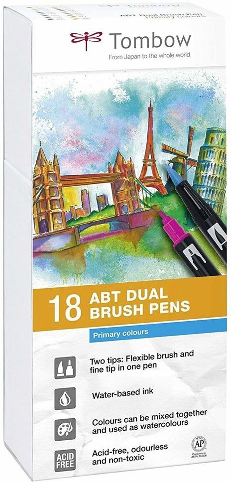 Pennarelli acquarellabili Dual Brush Tombow. Confezione 15+3 colori primari