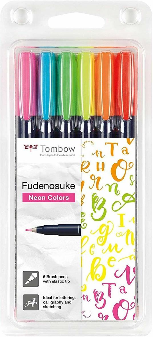 Pennarelli marker calligrafici Fudenosuke Tombow Neon punta dura. Astuccio  6 colori - Tombow - Cartoleria e scuola