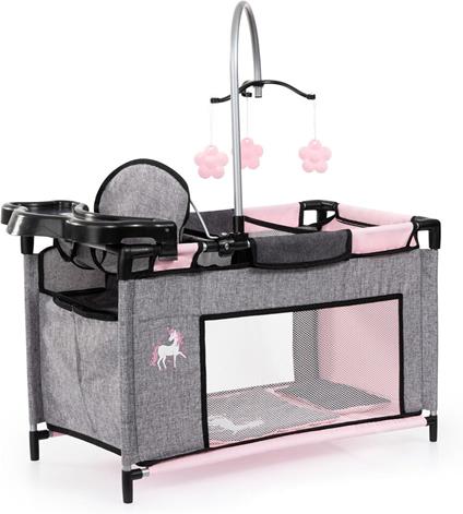 Letto Per Bambole Con Scomparto, Seggiolone Integrato, Giostrina, Jeans,Grigio,Rosa
