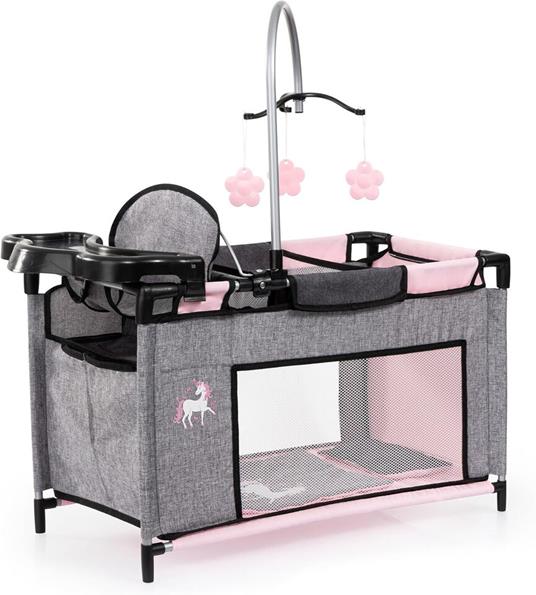 Letto Per Bambole Con Scomparto, Seggiolone Integrato, Giostrina, Jeans,Grigio,Rosa