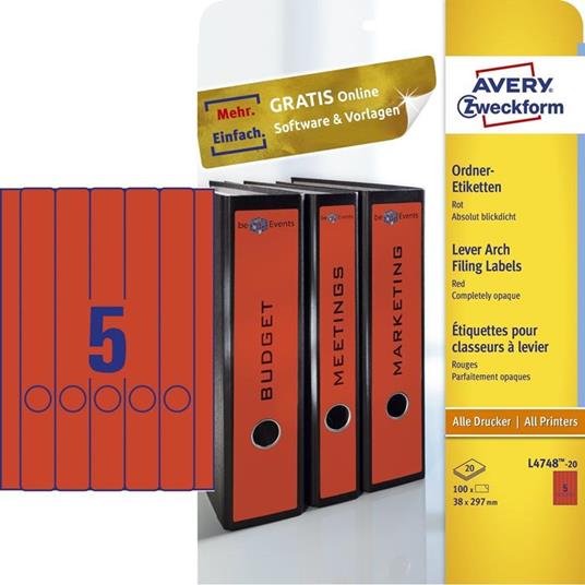 Avery Border Binder Labels, Red 38 x 297mm (20)