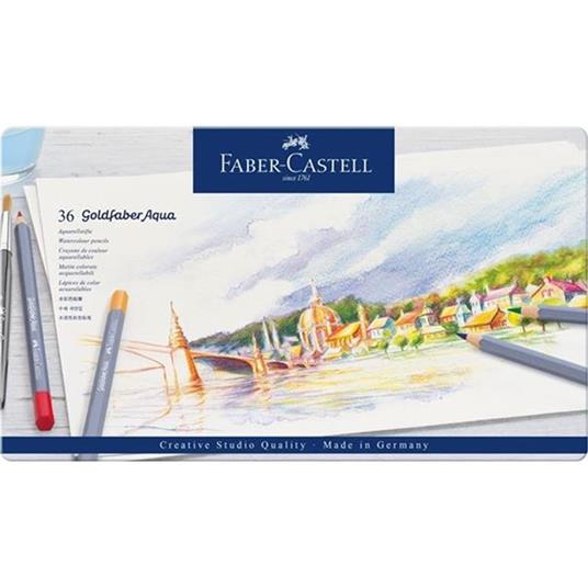 Matite colorate acquerellabili Faber-Castell Goldfaber Aqua. Astuccio in metallo 36 colori