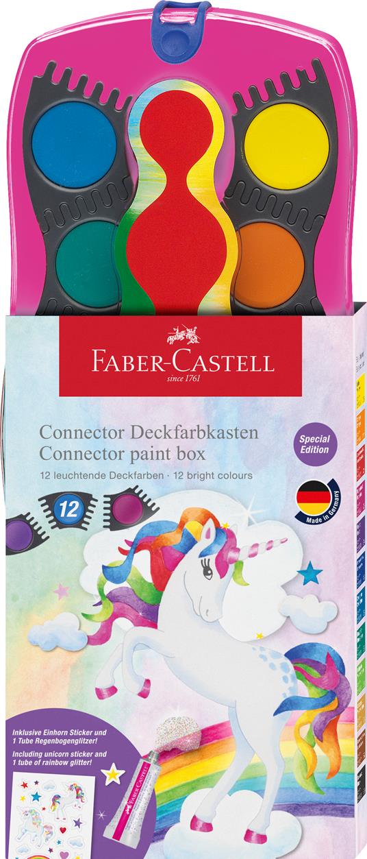 Confezione Acquerelli Connector Unicorno con 12 godets colori+ tubetto  glitter e stickers unicorno, rosa - Faber-Castell - Cartoleria e scuola