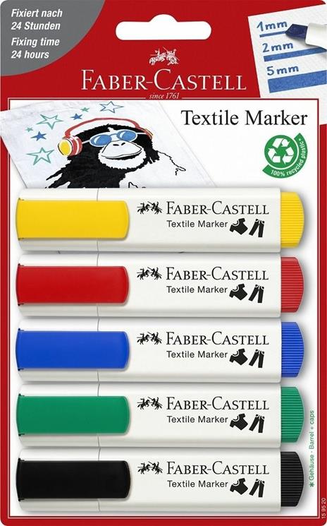 Blister con 5 marker Textile per tessuto - colori standard:giallo/rosso/blu/verde/nero