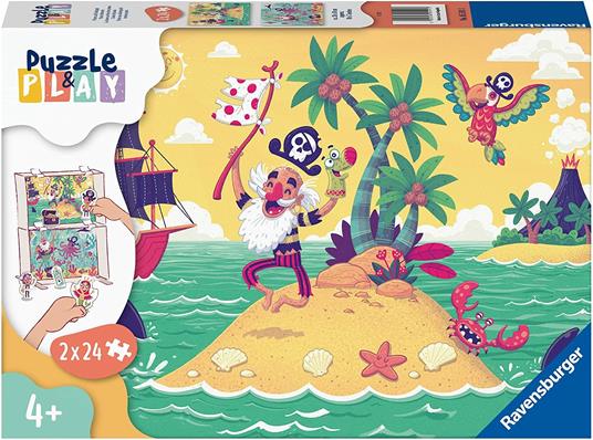 Ravensburger - Puzzle L'Isola del Pirata, Linea Puzzle & Play, 2 Puzzle da 24 Pezzi e Accessori, Puzzle per Bambini