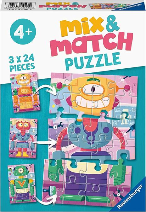 Ravensburger - Puzzle Robot, Linea Mix & Match, 3 Puzzle da 24 Pezzi, Puzzle per Bambini, Età Raccomandata 4+ Anni