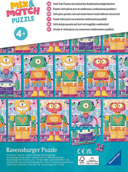 Ravensburger - Puzzle Robot, Linea Mix & Match, 3 Puzzle da 24 Pezzi, Puzzle per Bambini, Età Raccomandata 4+ Anni - 3