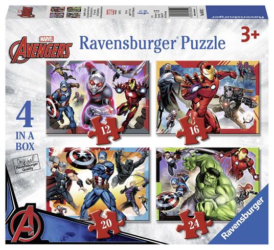 Ravensburger - Puzzle Avengers A, Collezione 4 in a Box, 4 puzzle da 12-16-20-24 Pezzi, Età Raccomandata 3+ Anni
