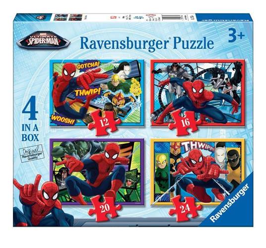 Ravensburger - Puzzle Ultimate Spiderman, Collezione 4 in a Box, 4 puzzle da 12-16-20-24 Pezzi, Età Raccomandata 3+ Anni