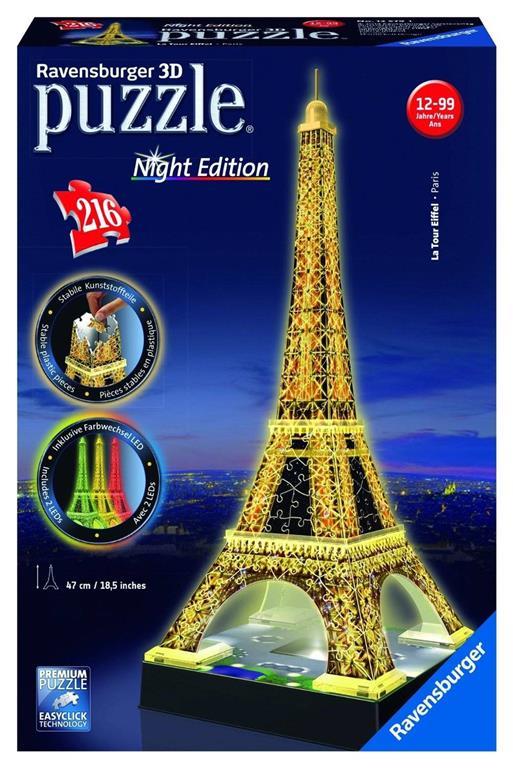 Ravensburger - 3D Puzzle Tour Eiffel Night Edition con Luce, Parigi, 216 Pezzi, 10+ Anni - 2