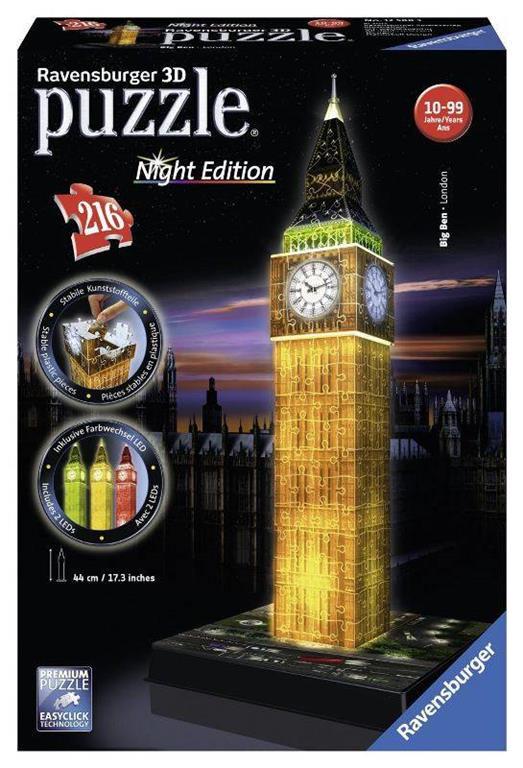 Ravensburger - 3D Puzzle Big Ben Night Edition con Luce, Londra, 216 Pezzi, 8+ Anni - 2