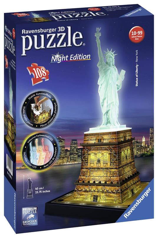 Ravensburger - 3D Puzzle Statua Della Libertà Night Edition con Luce, New York, 108 Pezzi, 8+ Anni - 3