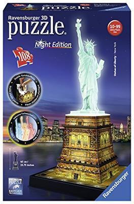 Ravensburger - 3D Puzzle Statua Della Libertà Night Edition con Luce, New York, 108 Pezzi, 8+ Anni