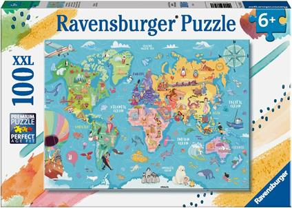 Ravensburger - Puzzle Mappa del mondo, 100 Pezzi XXL, Età Raccomandata 6+ Anni