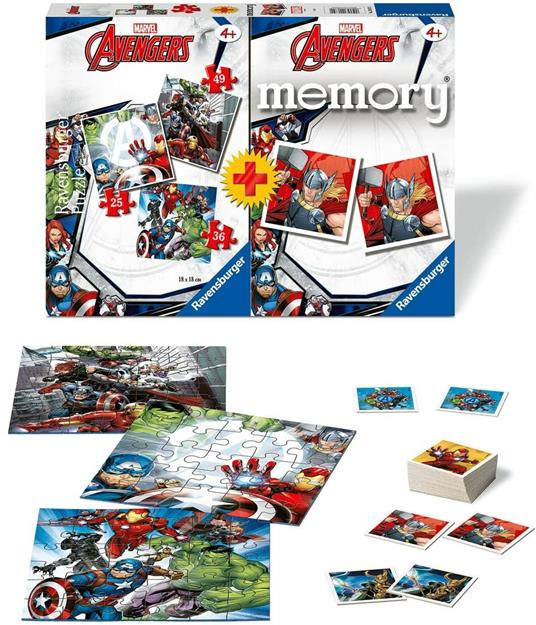 Ravensburger - Multipack Avengers, Memory 48 Carte + 3 PuzzleBambino da 25/36/49 pezzi, 4+ Anni - 2