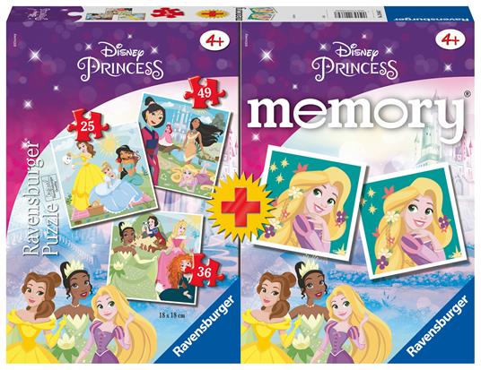 Ravensburger - Multipack Disney Princess, Memory 48 Carte + 3 PuzzleBambino da 25/36/49 pezzi, 4+ Anni