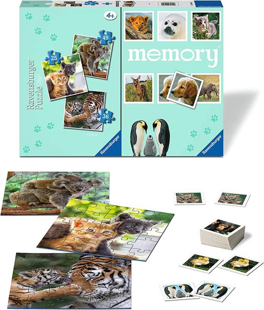 Ravensburger - Cuccioli, Memory 48 Carte + 3 Puzzle Bambino da 25/36/49 pezzi, 4+ AnniBambino da 25/36/49 pezzi, 4+ Anni - 3