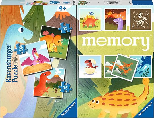 Ravensburger - Dinosauri, Memory 48 Carte + 3 Puzzle Bambino da 25/36/49 pezzi, 4+ AnniBambino da 25/36/49 pezzi, 4+ Anni