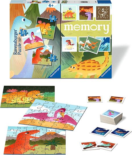 Ravensburger - Dinosauri, Memory 48 Carte + 3 Puzzle Bambino da 25/36/49 pezzi, 4+ AnniBambino da 25/36/49 pezzi, 4+ Anni - 3