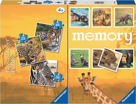 Ravensburger - Savana, Memory 48 Carte + 3 Puzzle Bambino da 25/36/49 pezzi, 4+ AnniBambino da 25/36/49 pezzi, 4+ Anni