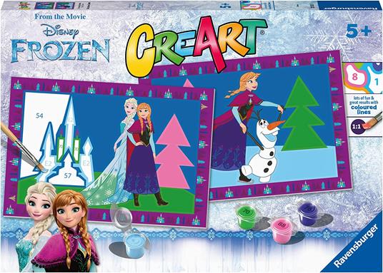 Ravensburer - CreArt Serie Junior, Disney Frozen, Kit dipingere con i Numeri, contiene 2 tavole prestampate, Pennello