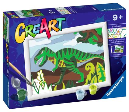 Ravensburger - CreArt Serie E: Dinosauro affamato, Kit per Dipingere con i Numeri, Contiene una Tavola Prestampata, Pennello